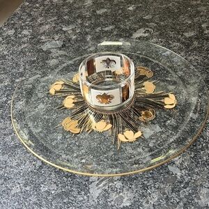 Culver Glass 22K Gold Black 14.5” Platter and Small 4” tall Coordinating Bowl